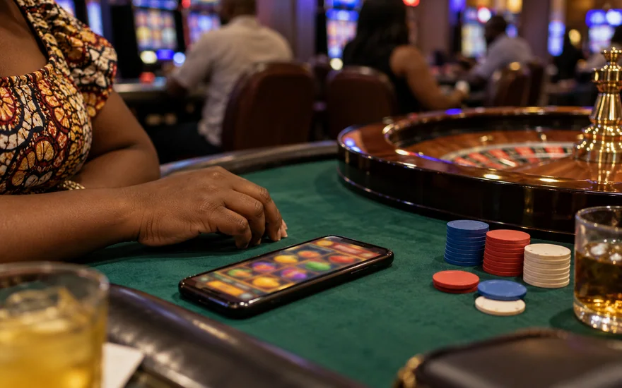 betPawa Zambia casino scene with a blurred slot phone, plain chips and a roulette wheel beside an adult player's hand.
